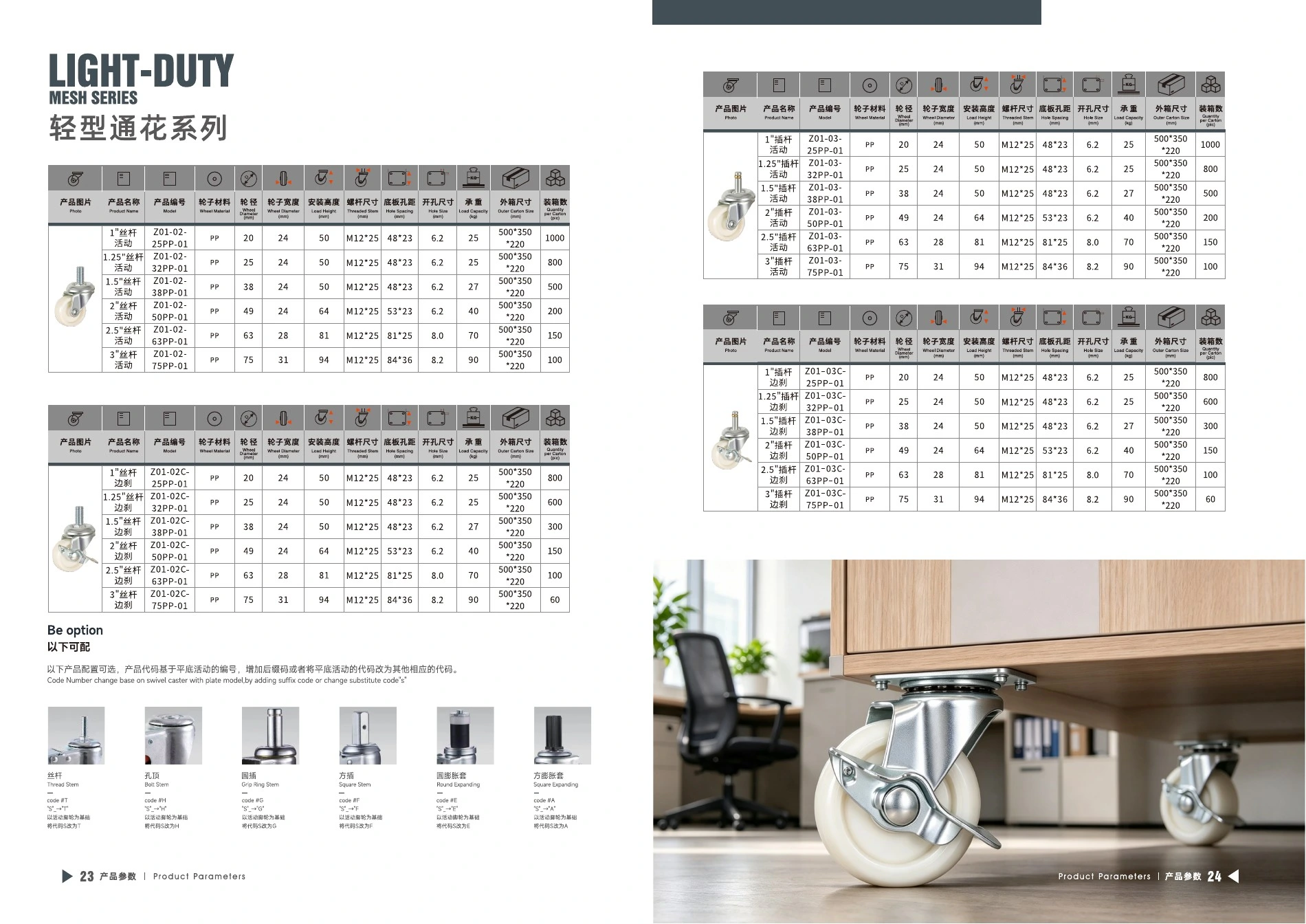 Final product catalog PDF page 5: Light-Duty Pressed-Bracket PP Casters