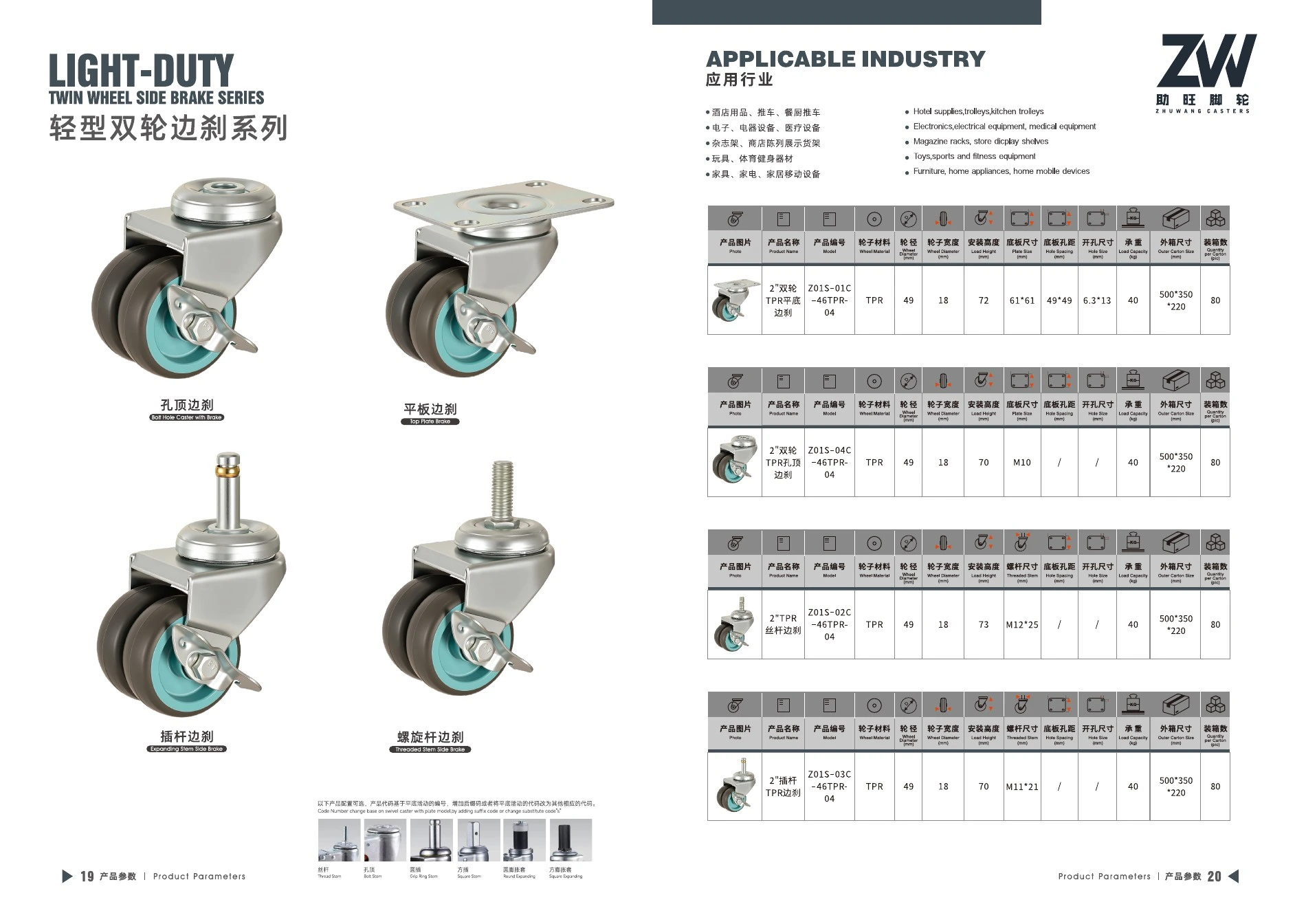 Final product catalog PDF page 14: Light-Duty Twin-Wheel Side-Brake Casters