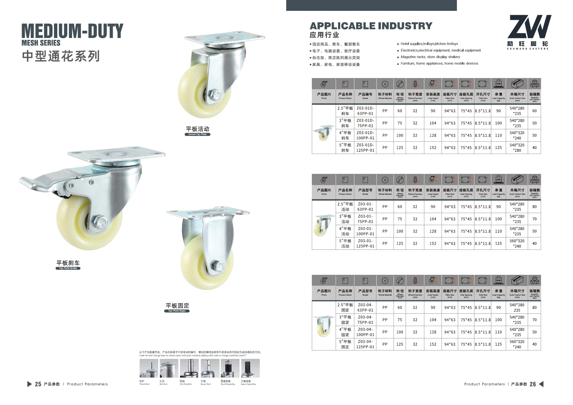 Final product catalog PDF page 19: Medium-Duty Pressed-Bracket PP Casters