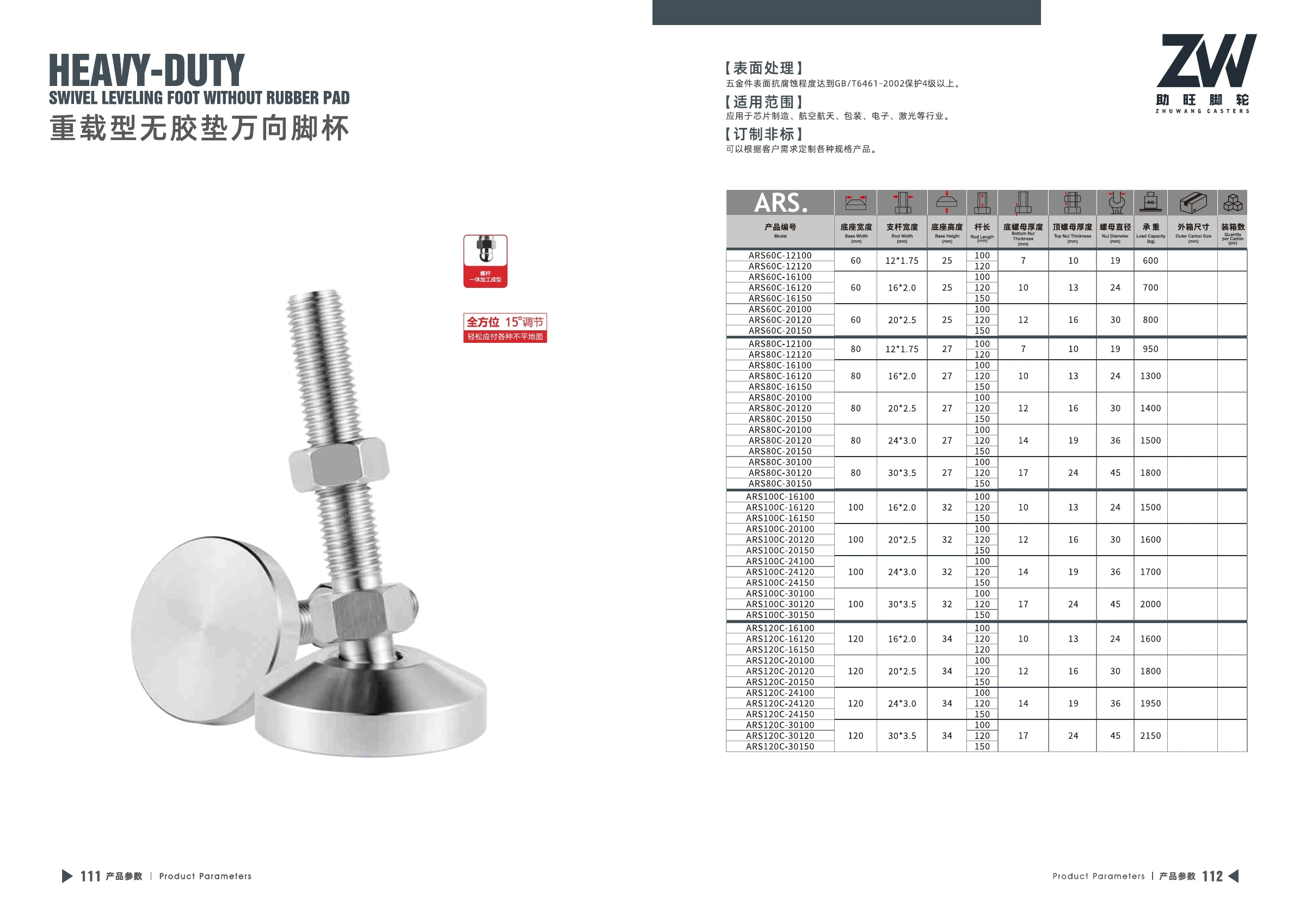 Product specifications for Heavy-Duty Unpadded Swivel Leveling Foot, PDF page 57
