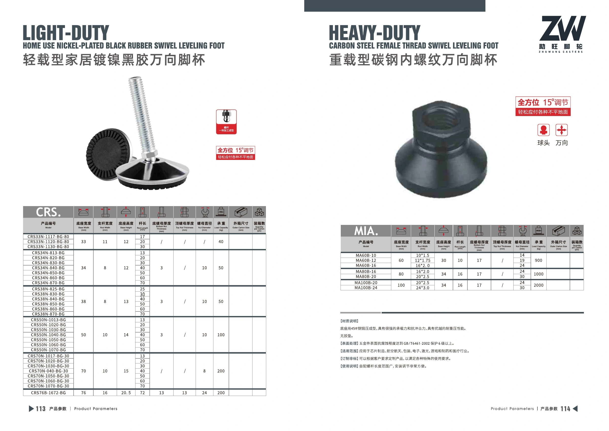 Product specifications for Light-Duty Nickel-Plated Swivel Leveling Foot, PDF page 58